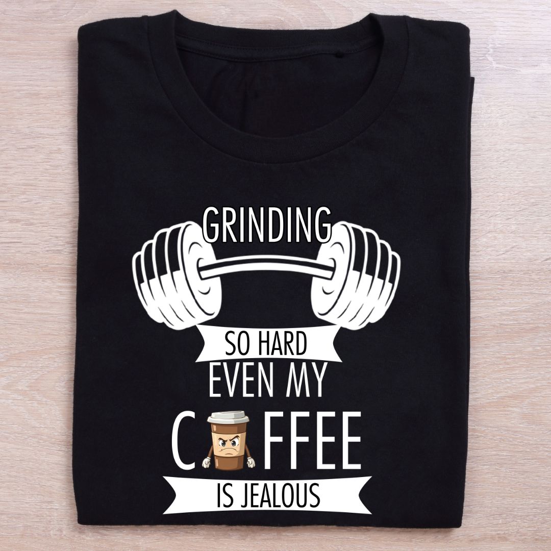 folded black coffee lovers and gym t shirt grinding so hard