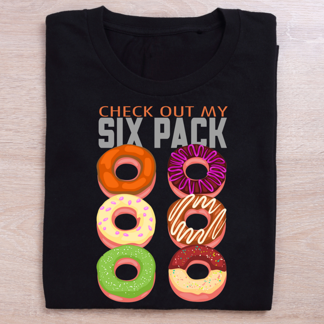 folded black gym t shirt check my six pack