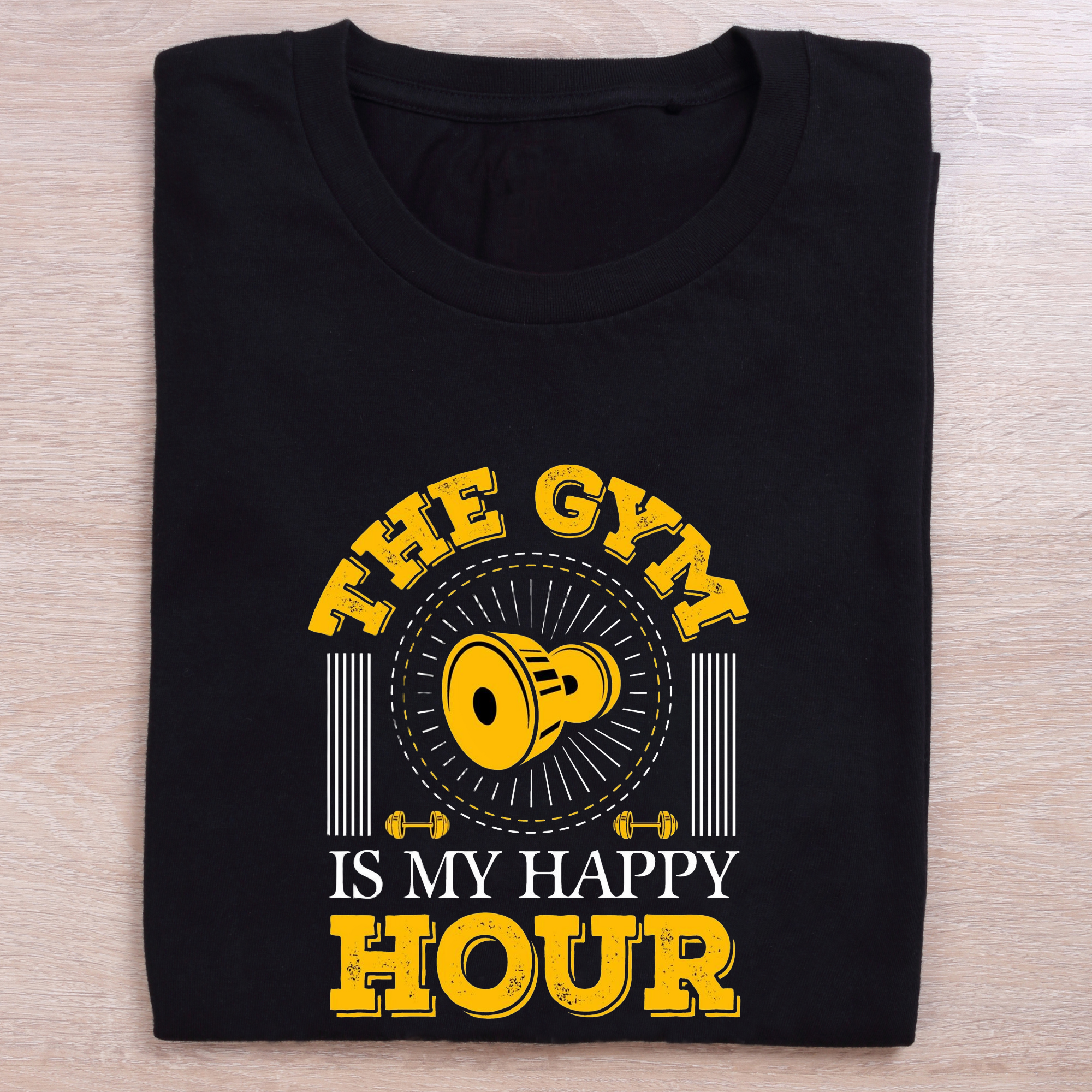 folded black gym t shirt the gym is my happy hour