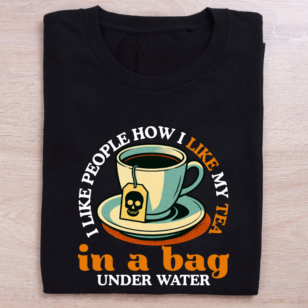 folded black quirky t shirt people and tea
