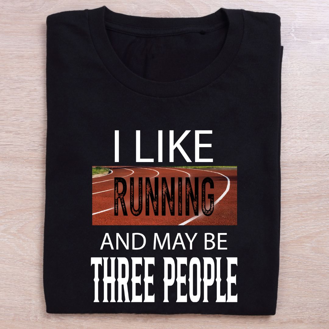 folded black running t shirt i like three people