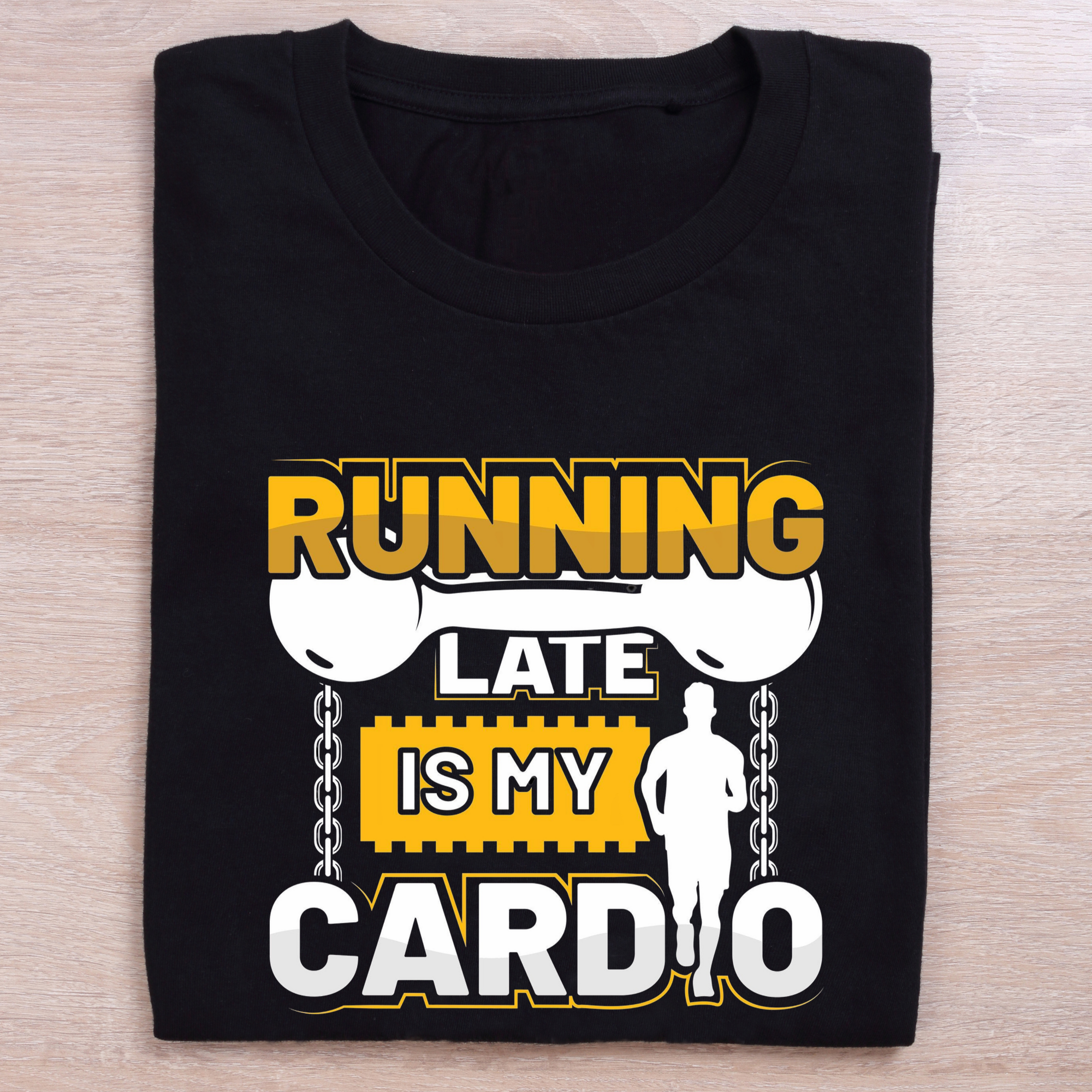 folded black running t shirt late is my cardio