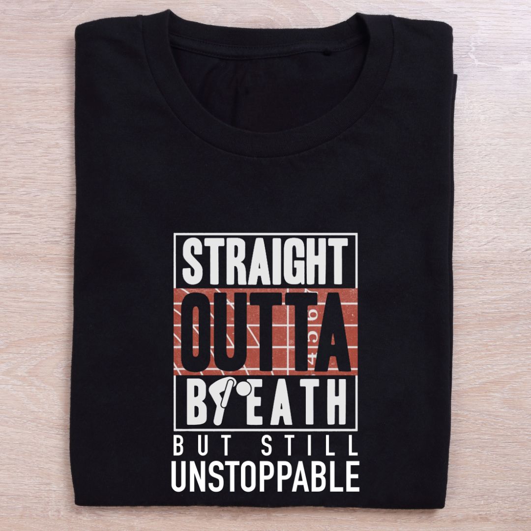 folded black running t shirt outta breath