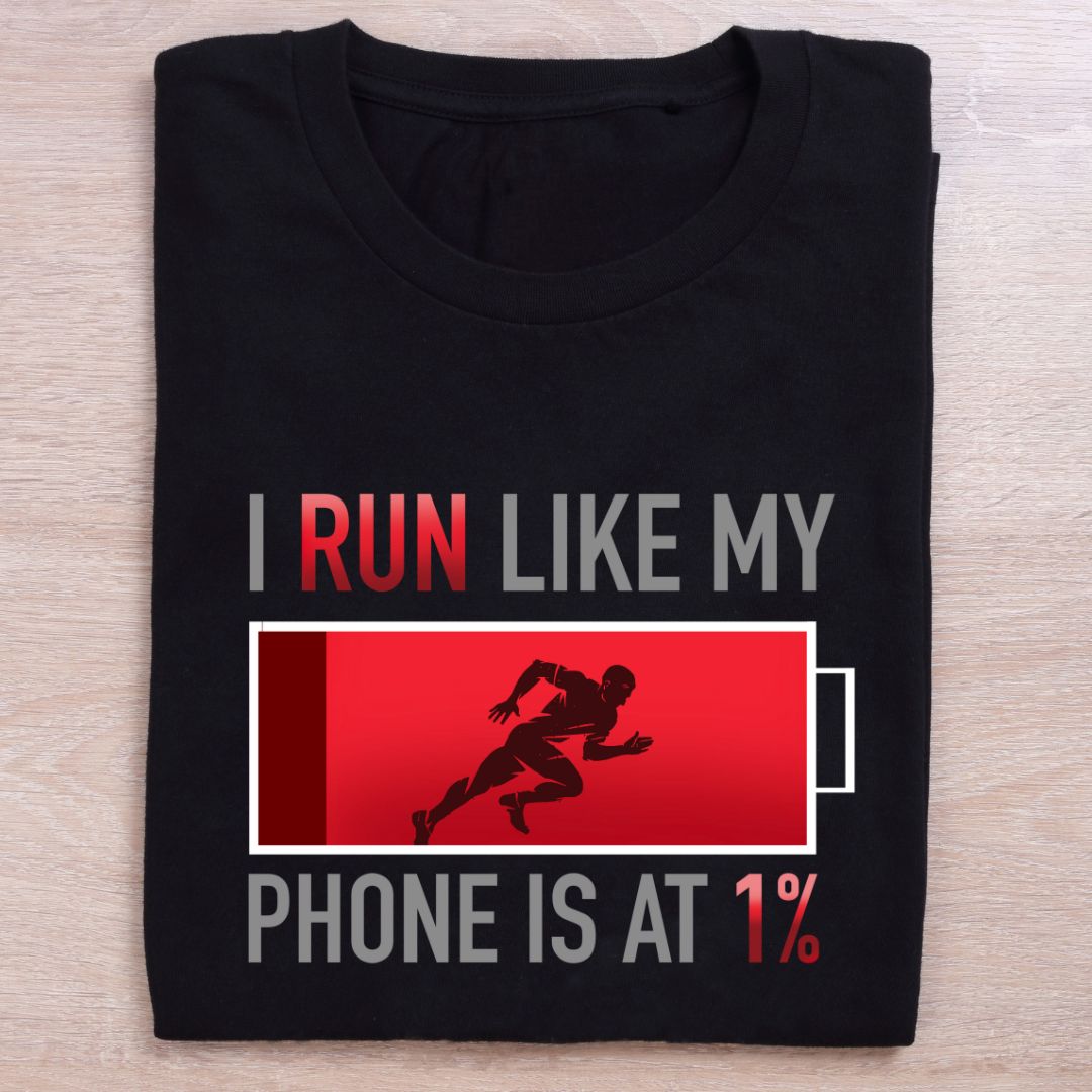folded black running t shirt phone is at one percent