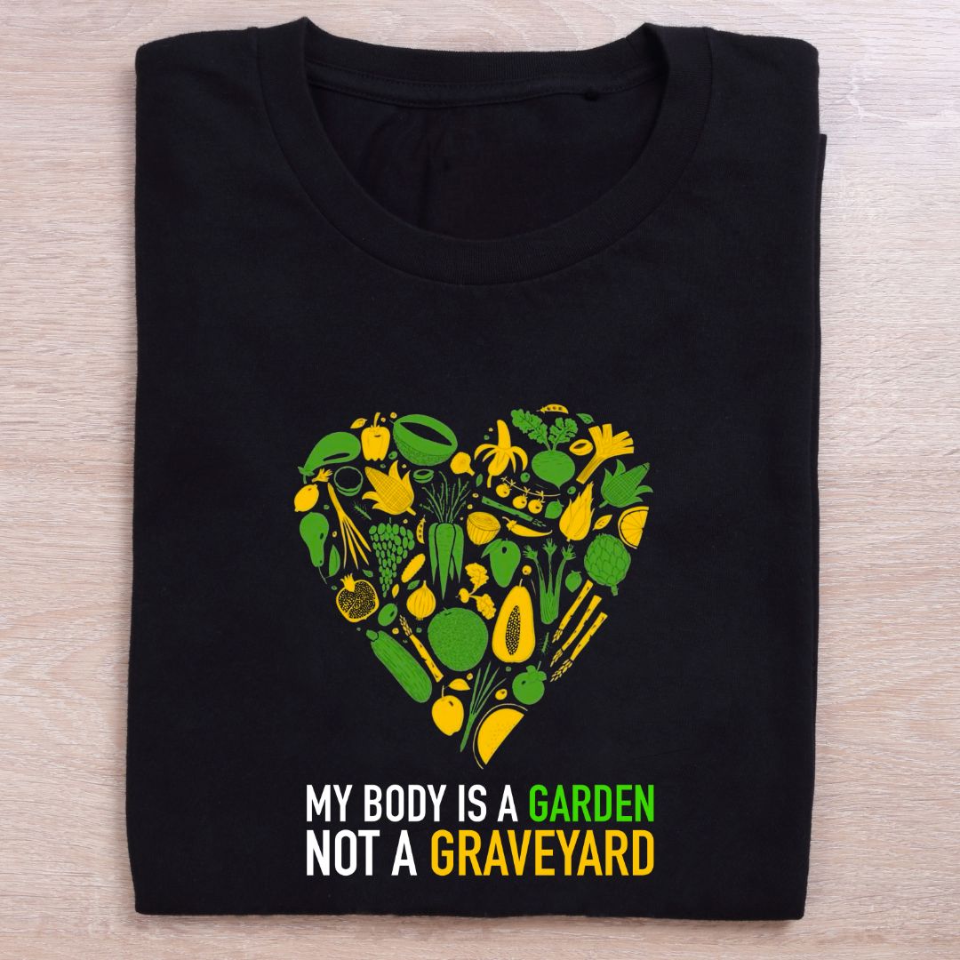 folded black vegan t shirt my body is a garden