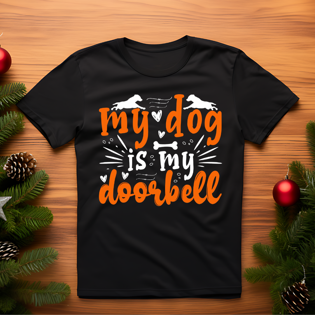 open lay black dog lovers t shirt my dog is my doorbell