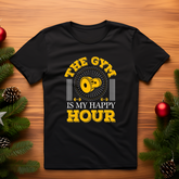 open lay black gym t shirt the gym is my happy hour