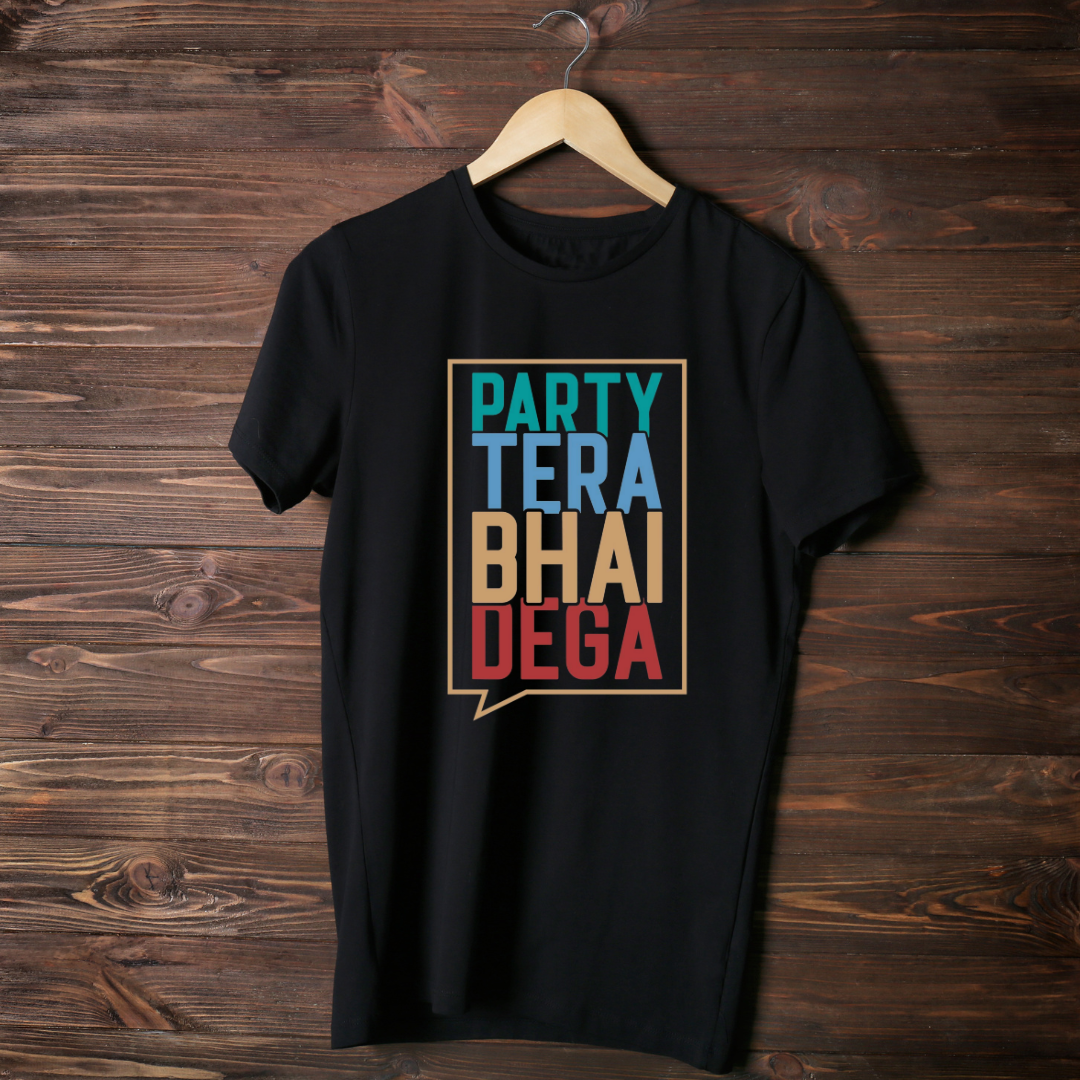 open lay black quirky t shirt party tera bhai