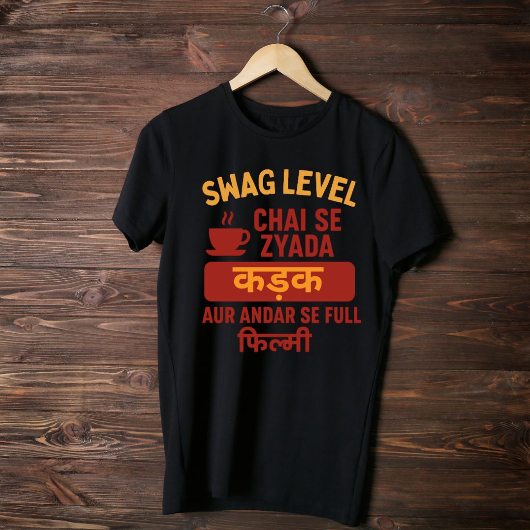 open lay black quirky t shirt swag level