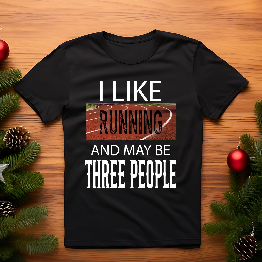 open lay black running t shirt i like three people