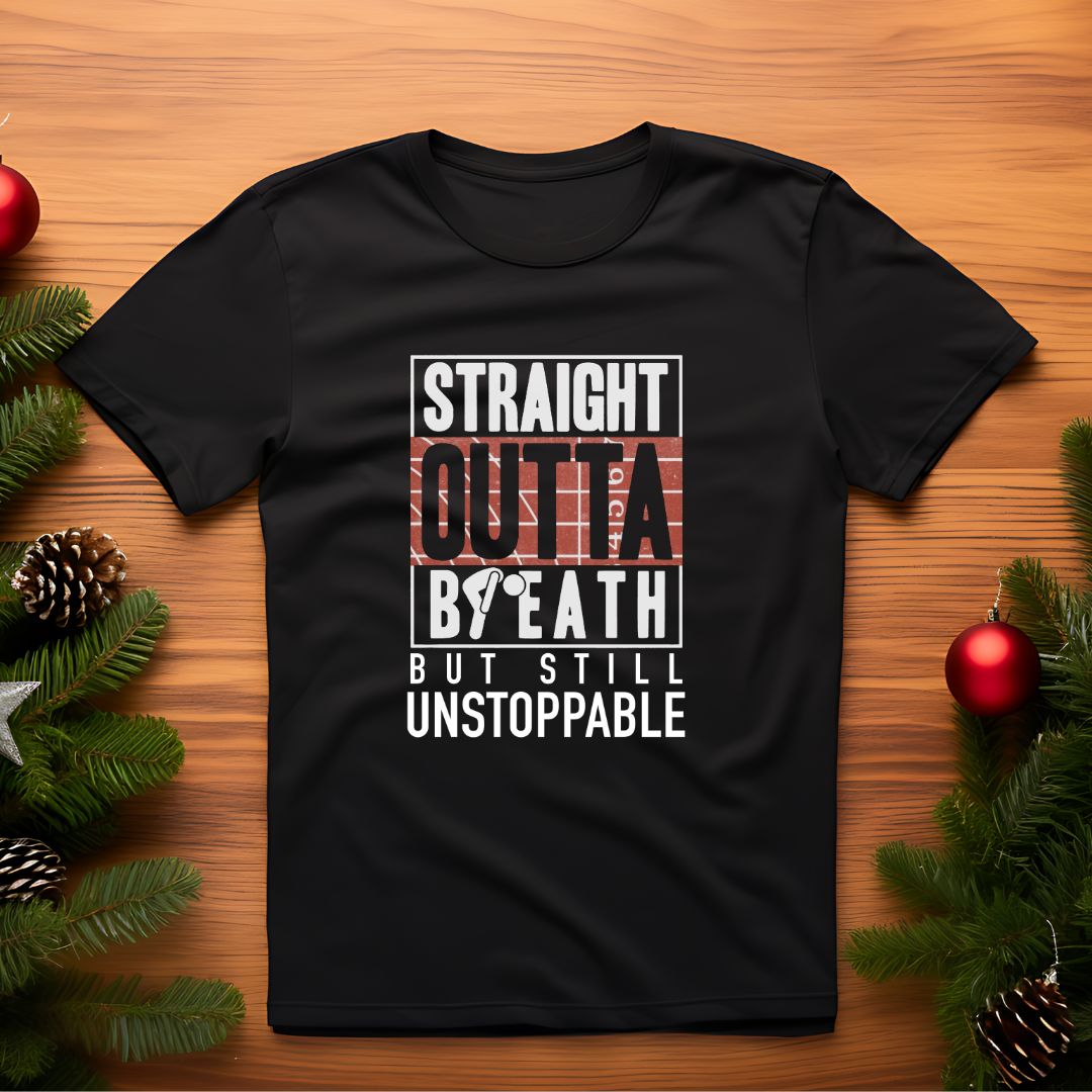 open lay black running t shirt outta breath