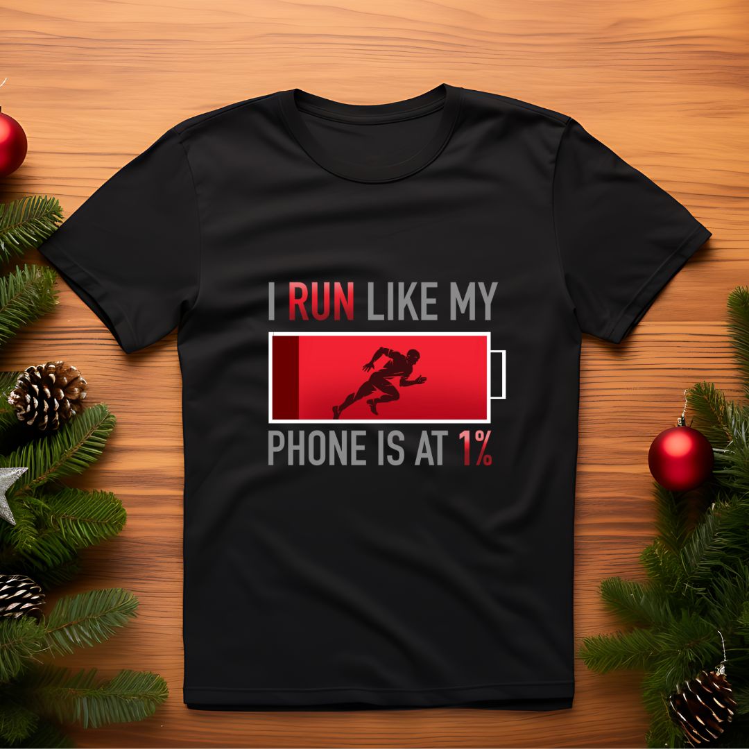open lay black running t shirt phone is at one percent