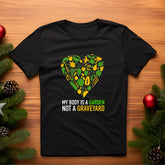 open lay black vegan t shirt my body is a garden