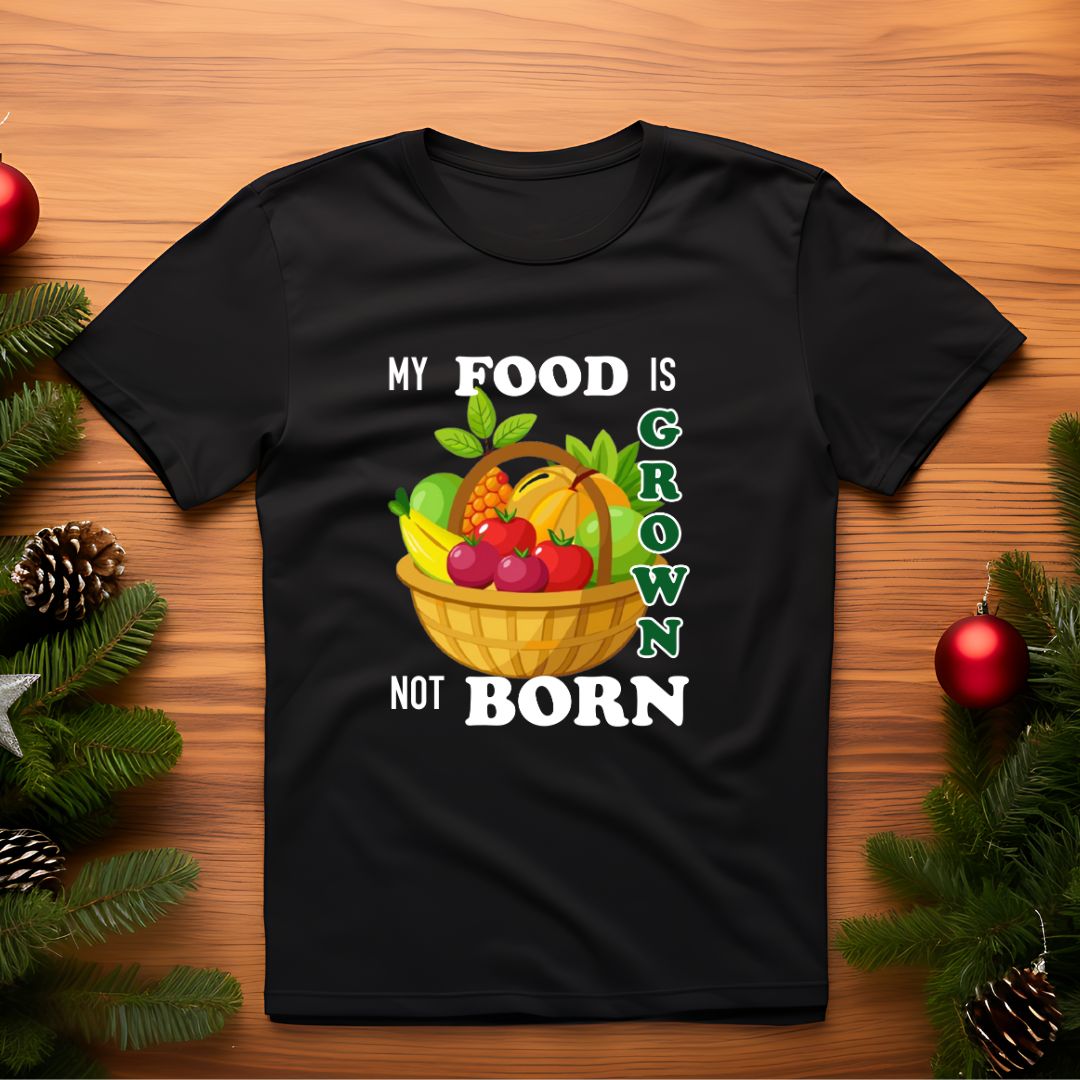 open lay black vegan t shirt my food is grown not born