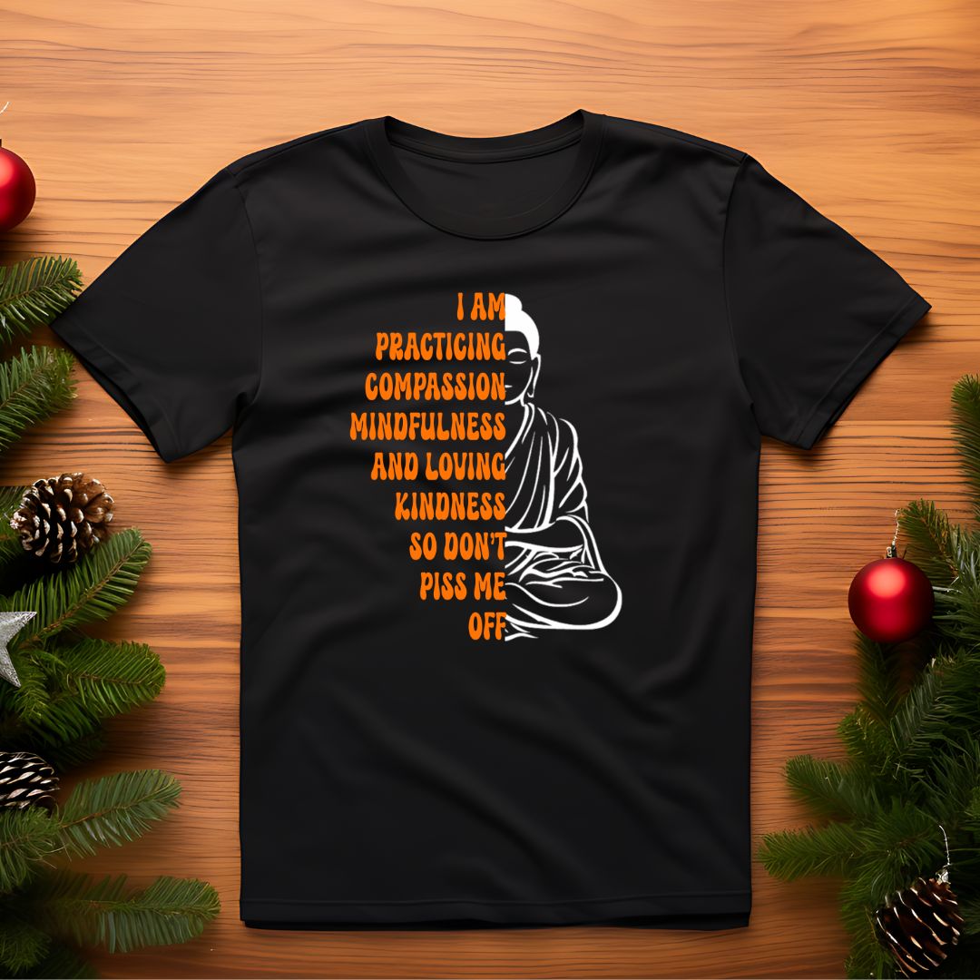 open lay black yoga t shirt i am practicing compassion