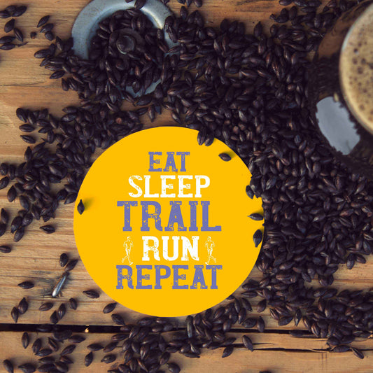 Wooden Round Coaster for Runners motivation with caption as "Eat Sleep Trail Run Repeat"