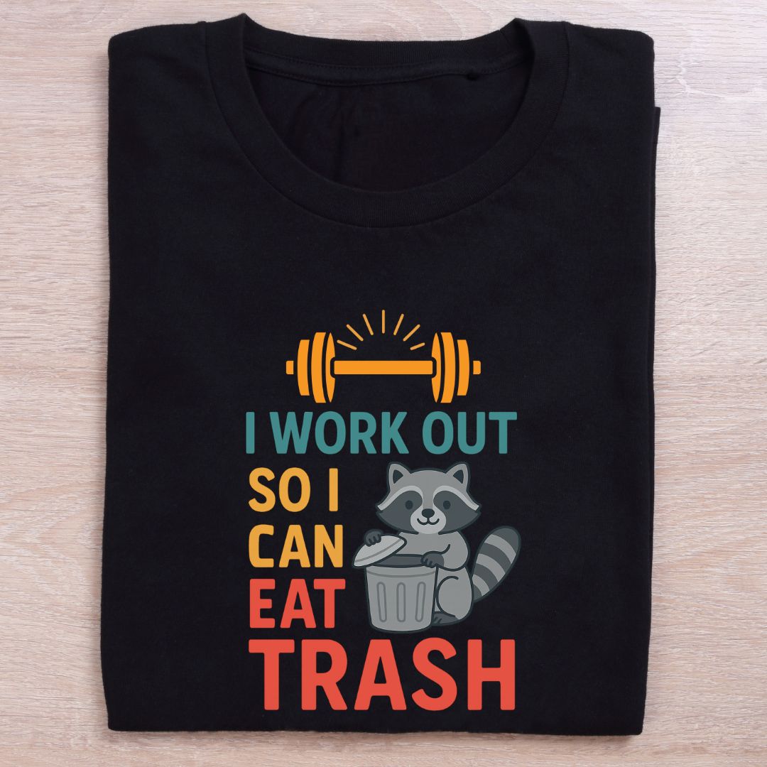 folded black gym t shirt work out to eat trash